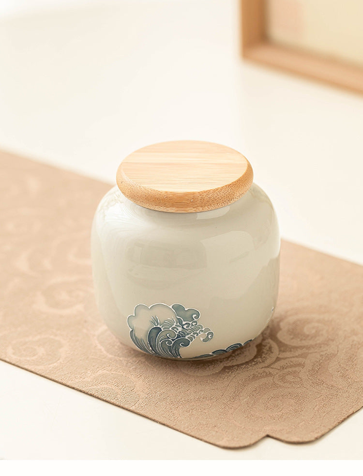 Handcrafted Porcelain Tea Canister – Ocean Wave Relief Design, 233ml