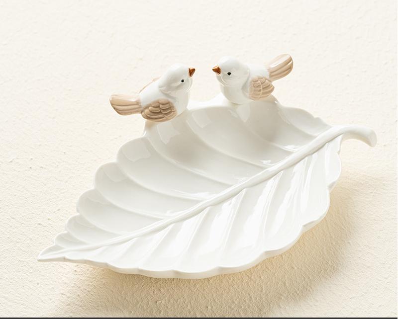 Handmade Ceramic Leaf Dish with Birds – Decorative Pottery Tray for Home & Table Décor