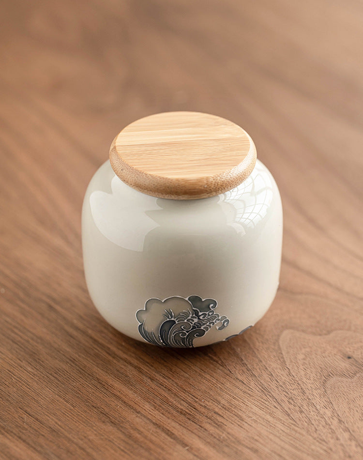 Handcrafted Porcelain Tea Canister – Ocean Wave Relief Design, 233ml
