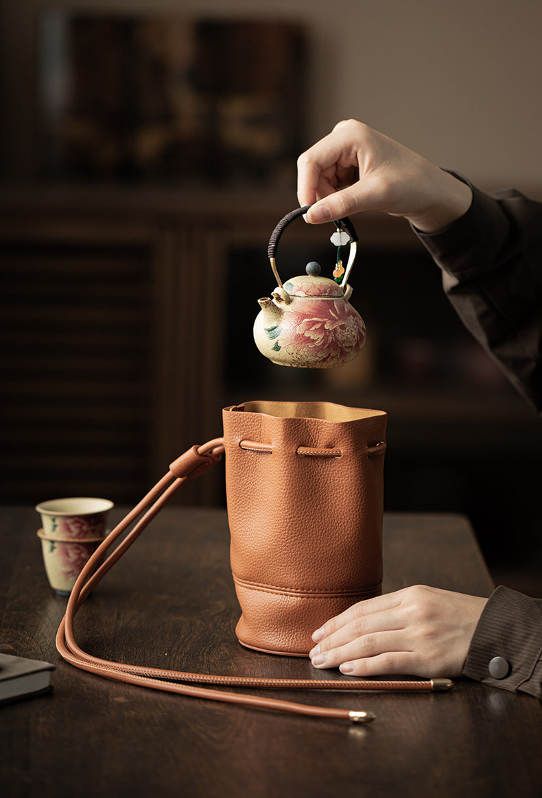 Tea Set Travel Bag – PU Leather Drawstring Storage Pouch for Gongfu Teaware, Zen Table Accessories, Portable Teacup Holder