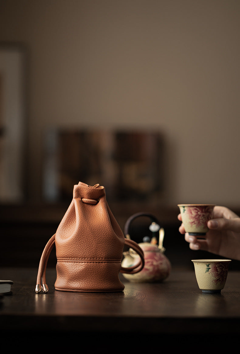 Tea Set Travel Bag – PU Leather Drawstring Storage Pouch for Gongfu Teaware, Zen Table Accessories, Portable Teacup Holder