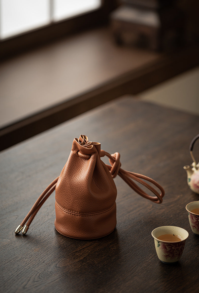 Tea Set Travel Bag – PU Leather Drawstring Storage Pouch for Gongfu Teaware, Zen Table Accessories, Portable Teacup Holder