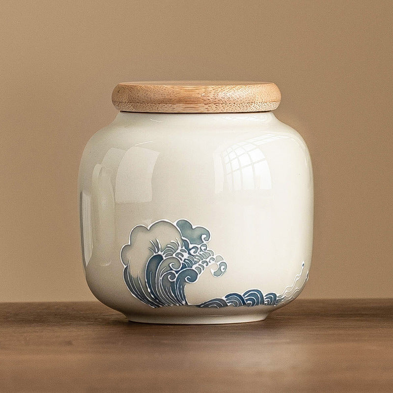 Handcrafted Porcelain Tea Canister – Ocean Wave Relief Design, 233ml
