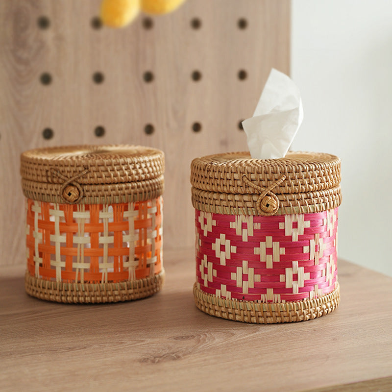 Handwoven Rattan Tissue Box – Ethnic Round Design