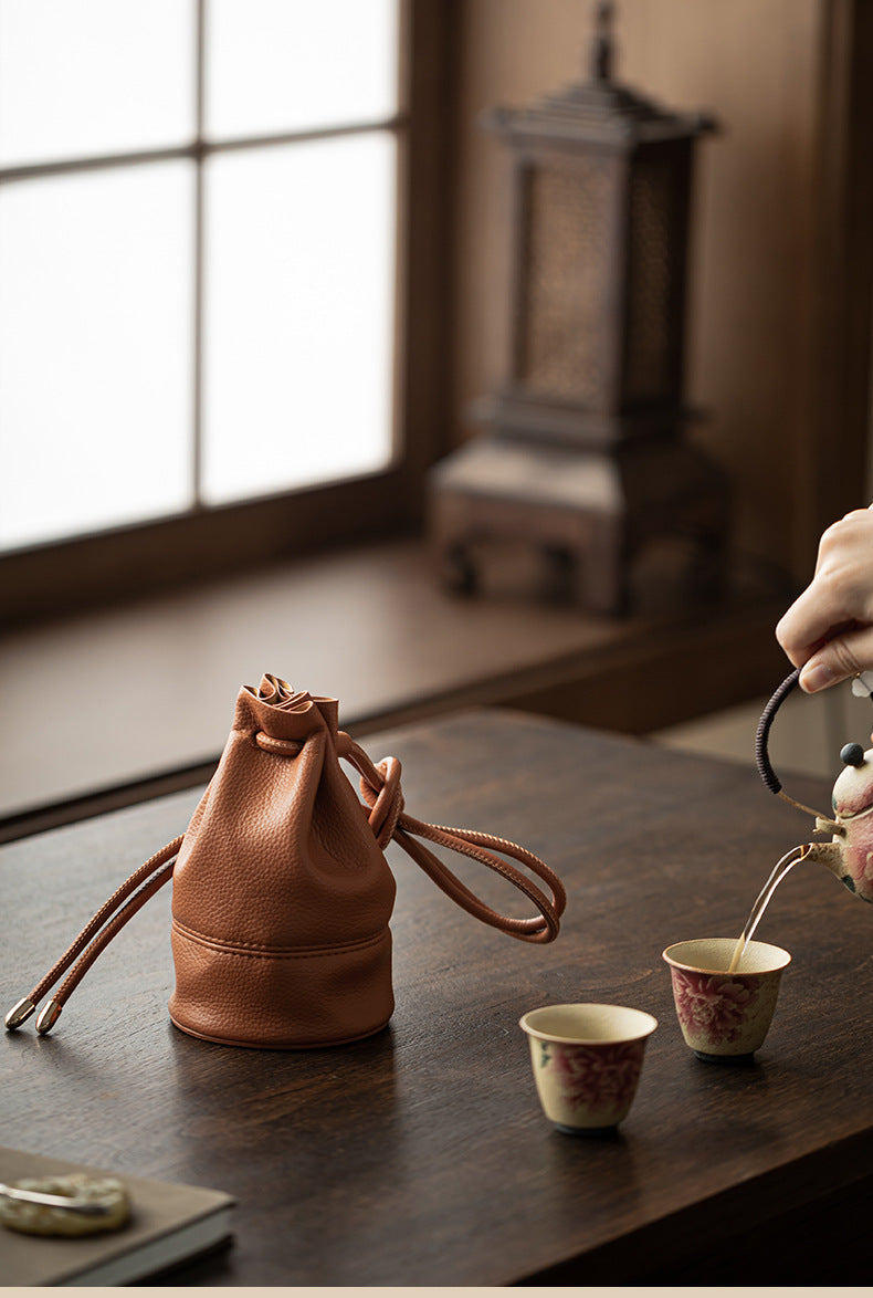 Tea Set Travel Bag – PU Leather Drawstring Storage Pouch for Gongfu Teaware, Zen Table Accessories, Portable Teacup Holder