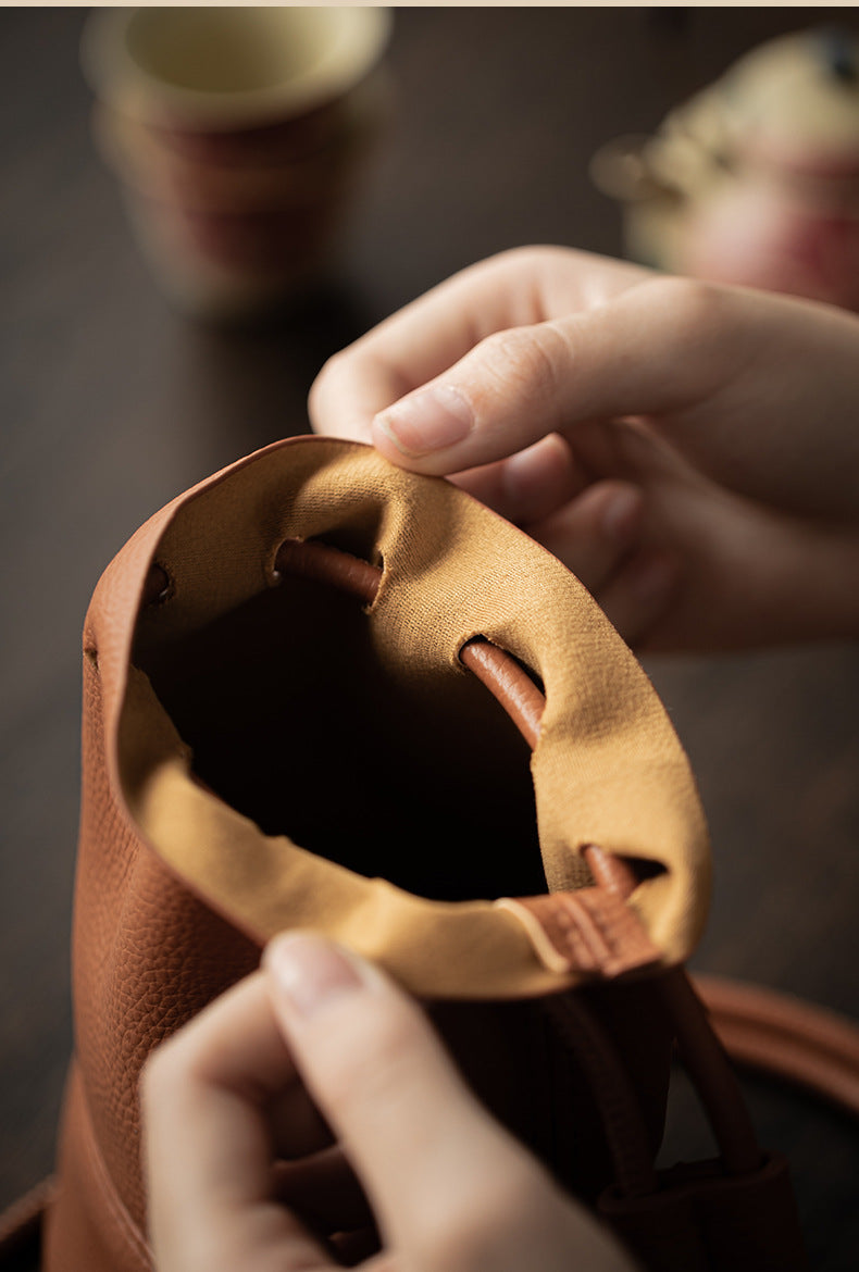 Tea Set Travel Bag – PU Leather Drawstring Storage Pouch for Gongfu Teaware, Zen Table Accessories, Portable Teacup Holder