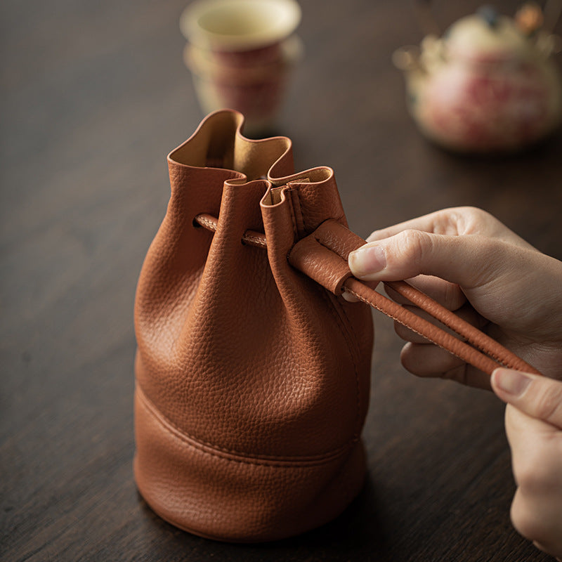 Tea Set Travel Bag – PU Leather Drawstring Storage Pouch for Gongfu Teaware, Zen Table Accessories, Portable Teacup Holder