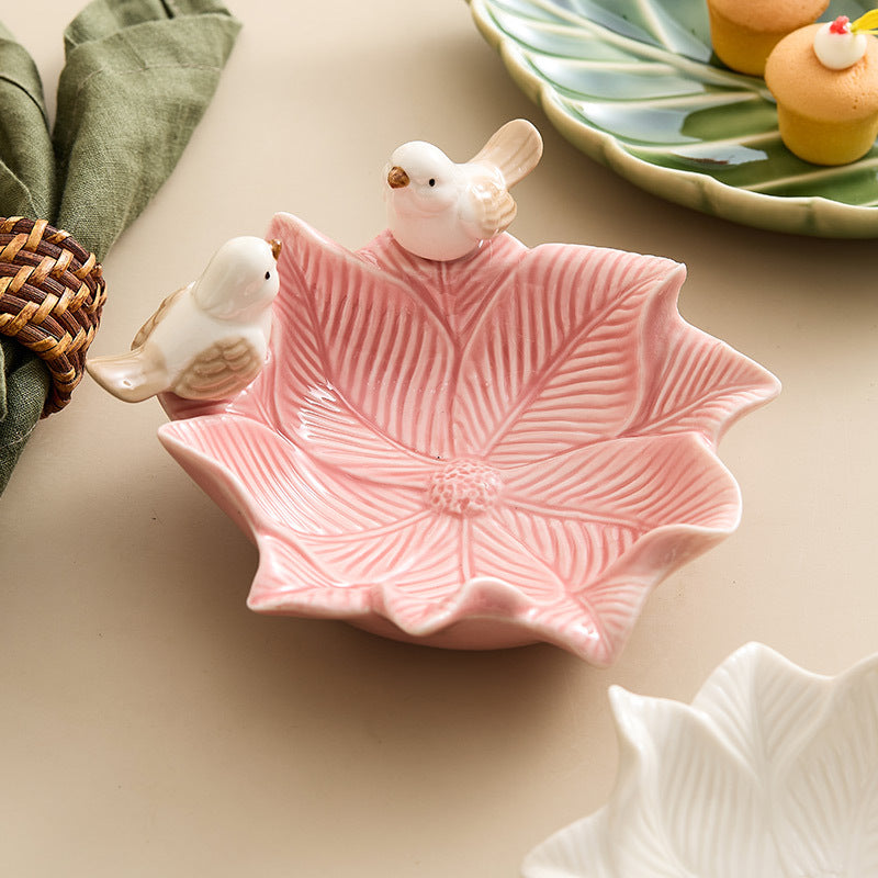 Handmade Ceramic Leaf Dish with Birds – Decorative Pottery Tray for Home & Table Décor