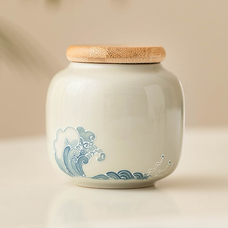 Handcrafted Porcelain Tea Canister – Ocean Wave Relief Design, 233ml