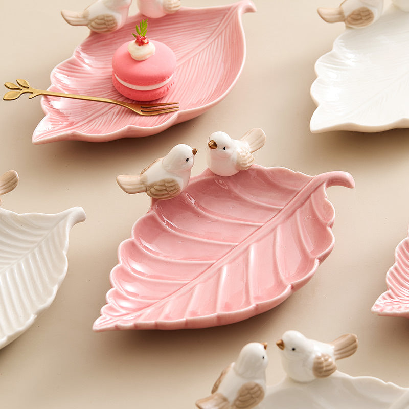 Handmade Ceramic Leaf Dish with Birds – Decorative Pottery Tray for Home & Table Décor