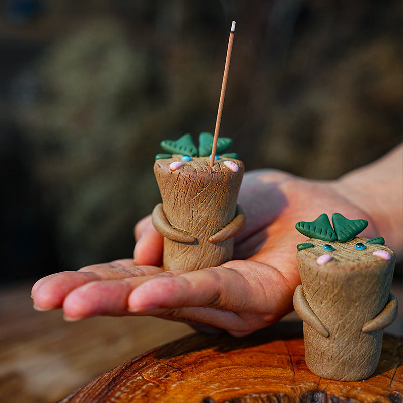 Mini tree stump ceramic incense stick incense gardening tea set tea pet ornaments decoration