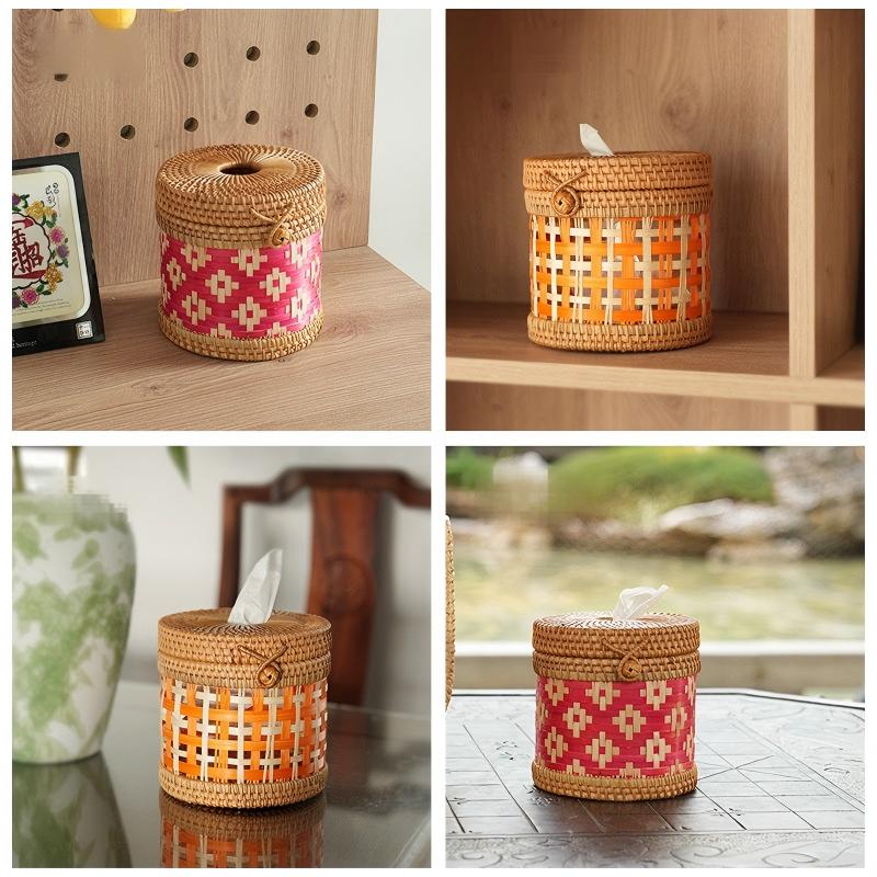 Handwoven Rattan Tissue Box – Ethnic Round Design