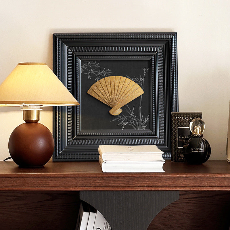 French Retro 3D Metal Fan Wall Art – Black Frame Antique Brass Decorative Painting