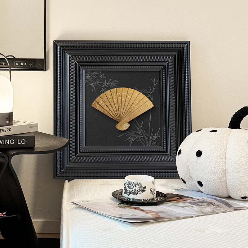 French Retro 3D Metal Fan Wall Art – Black Frame Antique Brass Decorative Painting