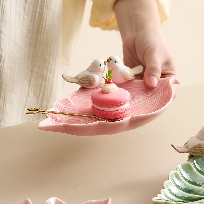 Handmade Ceramic Leaf Dish with Birds – Decorative Pottery Tray for Home & Table Décor