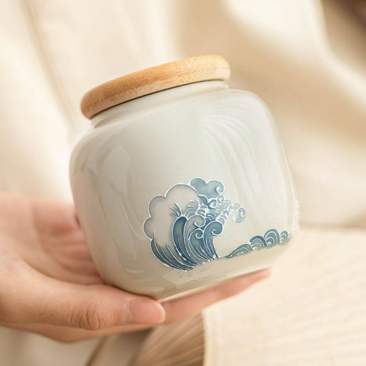 Handcrafted Porcelain Tea Canister – Ocean Wave Relief Design, 233ml