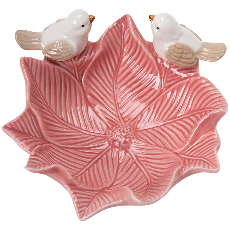 Handmade Ceramic Leaf Dish with Birds – Decorative Pottery Tray for Home & Table Décor