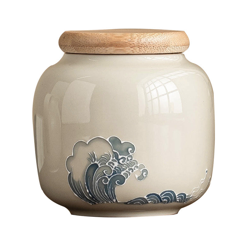 Handcrafted Porcelain Tea Canister – Ocean Wave Relief Design, 233ml