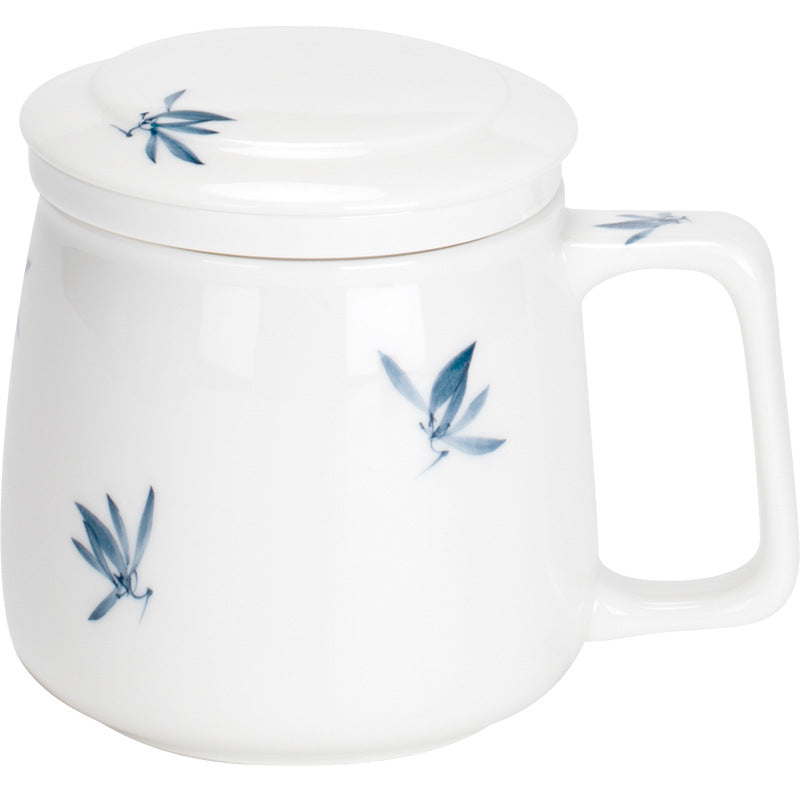 Porcelain Tea Mug with Infuser & Lid – Blue Leaf Pattern, 225ml