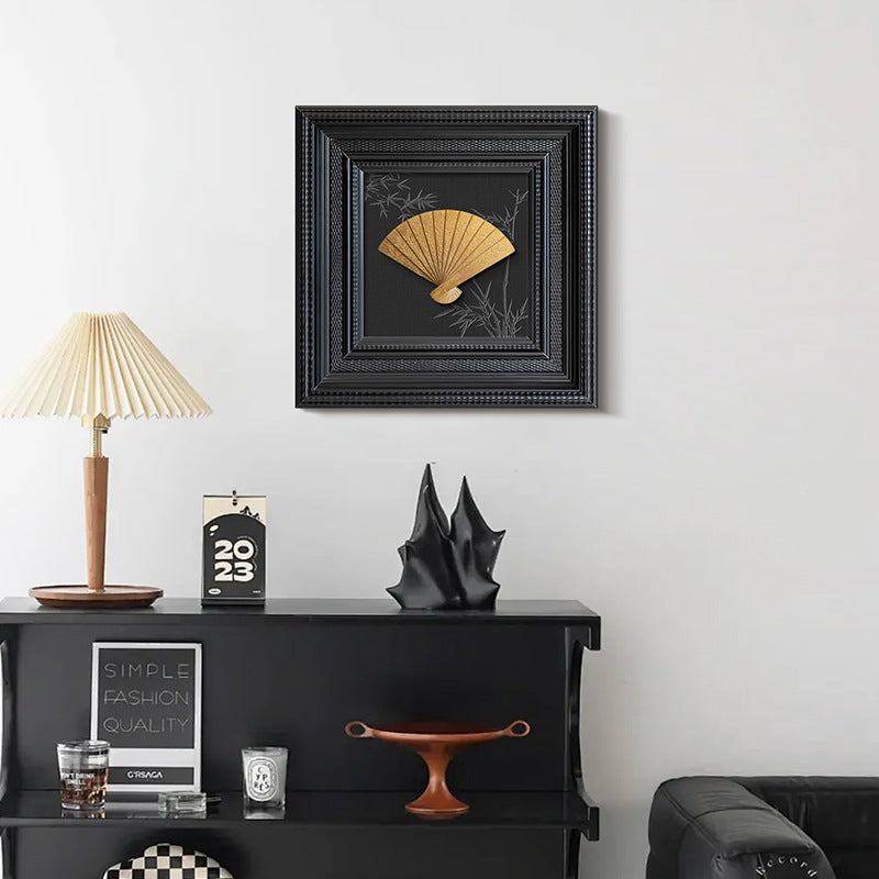 French Retro 3D Metal Fan Wall Art – Black Frame Antique Brass Decorative Painting