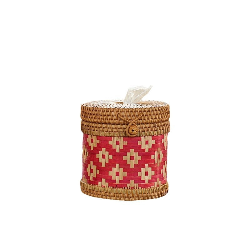 Handwoven Rattan Tissue Box – Ethnic Round Design