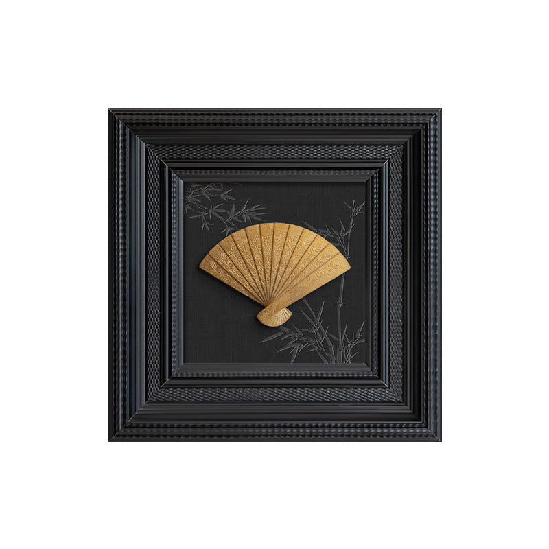 French Retro 3D Metal Fan Wall Art – Black Frame Antique Brass Decorative Painting