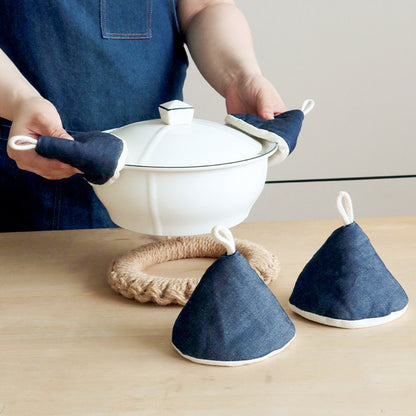 Heat Resistant Denim Pot Lid Handles, Triangular Pot Holder Mitt, Anti-Scald Knob Grabber & Casserole Lid Protector