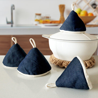 Heat Resistant Denim Pot Lid Handles, Triangular Pot Holder Mitt, Anti-Scald Knob Grabber & Casserole Lid Protector
