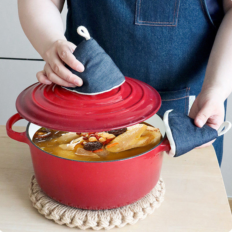 Heat Resistant Denim Pot Lid Handles, Triangular Pot Holder Mitt, Anti-Scald Knob Grabber & Casserole Lid Protector