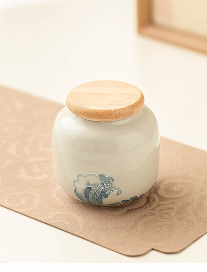 Handcrafted Porcelain Tea Canister – Ocean Wave Relief Design, 233ml