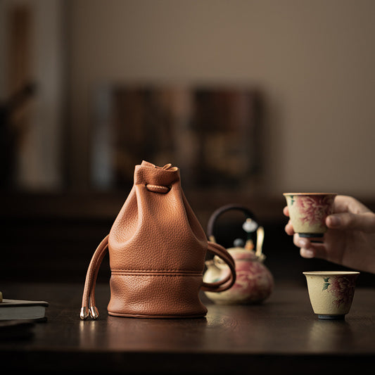 Tea Set Travel Bag – PU Leather Drawstring Storage Pouch for Gongfu Teaware, Zen Table Accessories, Portable Teacup Holder