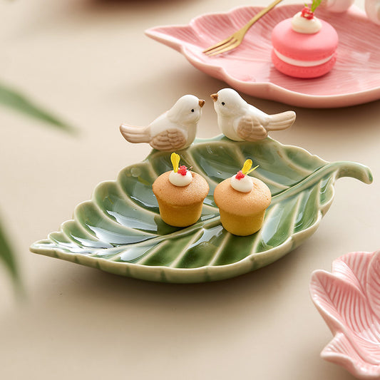 Handmade Ceramic Leaf Dish with Birds – Decorative Pottery Tray for Home & Table Décor