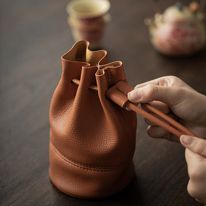 Tea Set Travel Bag – PU Leather Drawstring Storage Pouch for Gongfu Teaware, Zen Table Accessories, Portable Teacup Holder