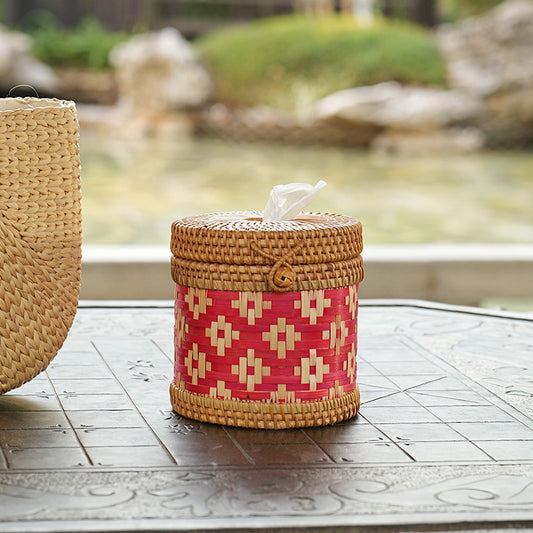 Handwoven Rattan Tissue Box – Ethnic Round Design