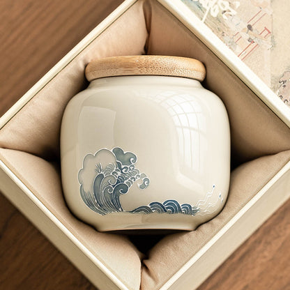 Handcrafted Porcelain Tea Canister – Ocean Wave Relief Design, 233ml