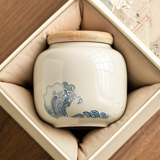 Handcrafted Porcelain Tea Canister – Ocean Wave Relief Design, 233ml