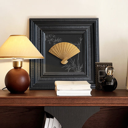 French Retro 3D Metal Fan Wall Art – Black Frame Antique Brass Decorative Painting
