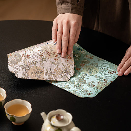 Reversible Tea Table Mat for Zen Table Setting – Double-Sided Brocade Fabric Placemat for Tea Ceremony, Meditation Corner, Home Decor