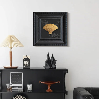 French Retro 3D Metal Fan Wall Art – Black Frame Antique Brass Decorative Painting