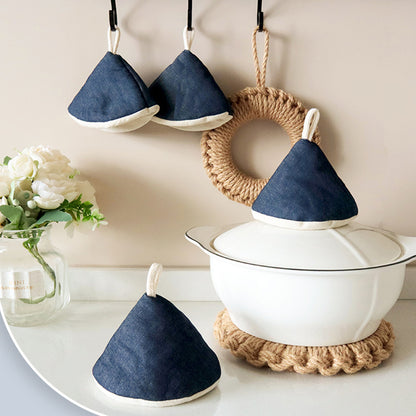 Heat Resistant Denim Pot Lid Handles, Triangular Pot Holder Mitt, Anti-Scald Knob Grabber & Casserole Lid Protector