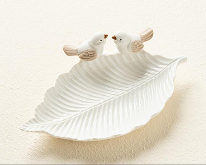 Handmade Ceramic Leaf Dish with Birds – Decorative Pottery Tray for Home & Table Décor